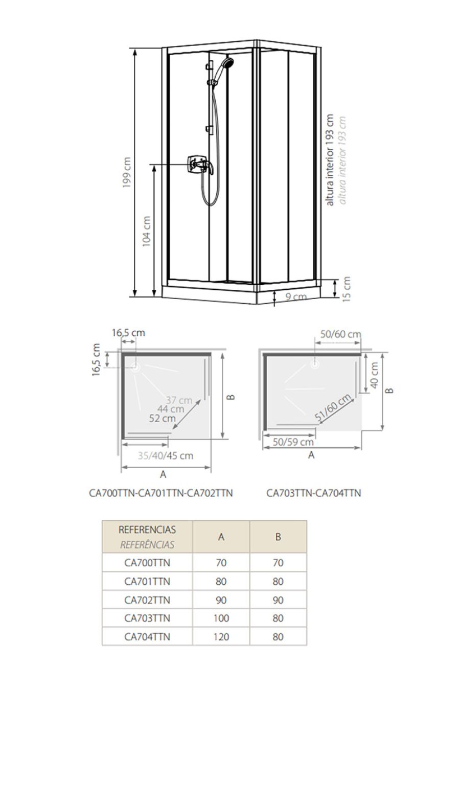 CABINAS DE DUCHA KINEPRIME GLASS CUADRADAS - MEDIDAS