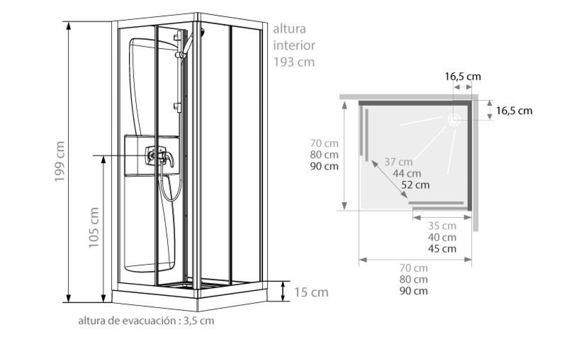CABINA DUCHA CUADRADA 70 80 90 KINEPRIME - MEDIDAS